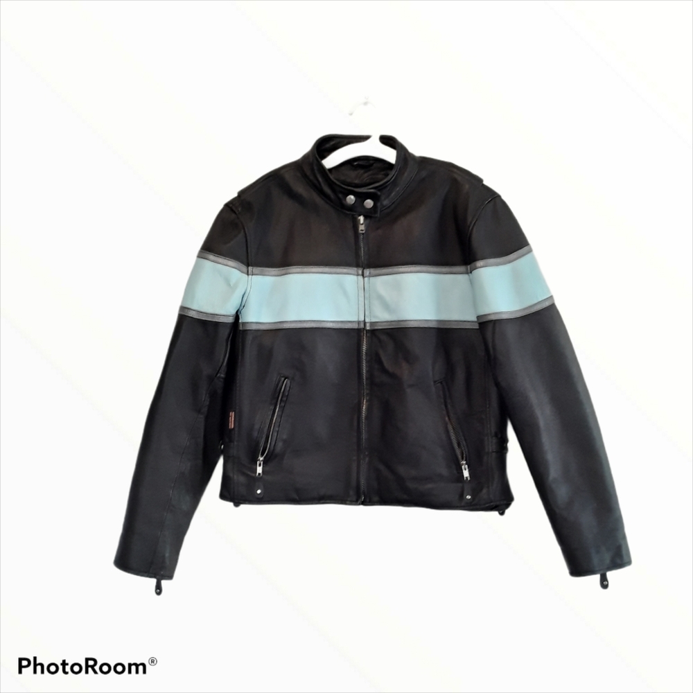 Hot Leathers 100% Leather Blue Stripe Motorcycle Biker Moto Jacket Size L